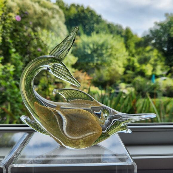 Murano Glass Swordfish Figurine Marlin Fish Paperweight Gold Fleck w Label Italy - Picture 2 of 12